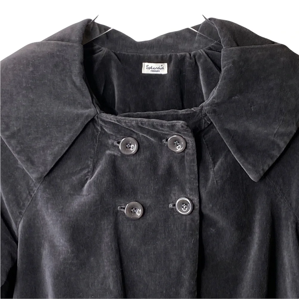 Splendid Grey Black Velvet Silk Swing Jacket Peacoat Peter Pan Collar Me… - Picture 3 of 9